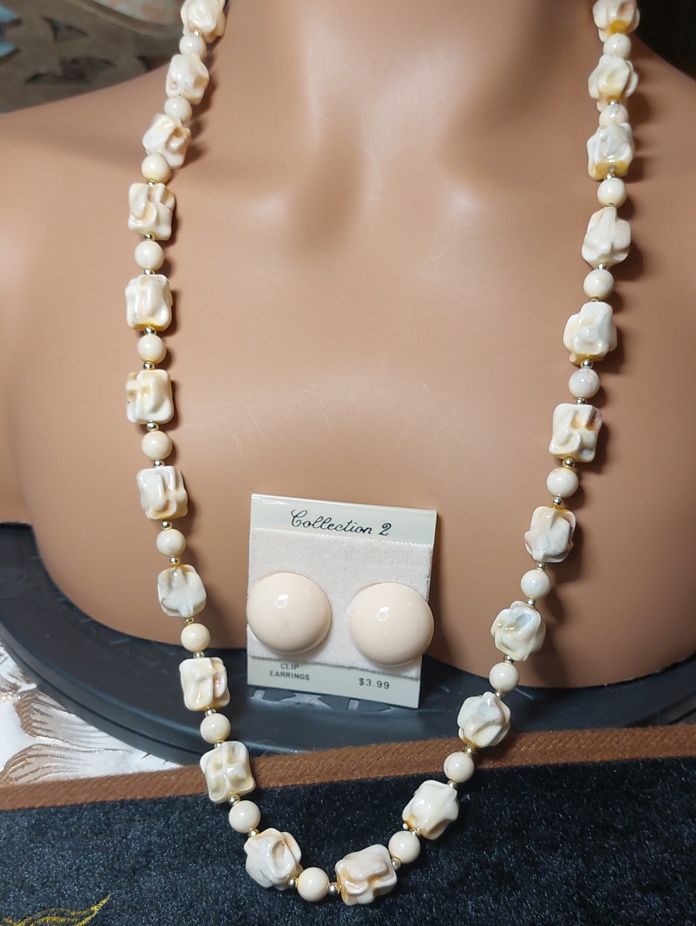 Vintage Cream Acrylic Bead 28" Necklace & Clip On Earring Set